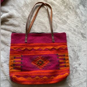 Woven Handmade Wool Bag w/ Leather Straps. Pink and Orange Vibrant Colors!
